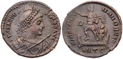 Theodosius I. Æ (4.94 g), AD 379-395. Antioch, AD379-383. D N THEODOSIVS P F AVG, diademed, helmeted, draped and cuirassed bust of Theodosius I right, holding spear and shield. Reverse: GLOR-IA ROMANO