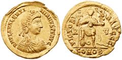 Valentinian III. Gold Solidus (4.48 g), AD 425-455. Ravenna, ca. AD 426-455. D N PLA VALENTI-NIANVS P F AVG, rosette-diademed, draped and cuirassed bust of Valentinian III right. Reverse: VICTORI-A AV