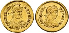 Lot 3474 Honorius, 393-423 AD. Gold Solidus (4.34 g.), Constantinople mint, c. 397-402 AD. Helmeted three-quarter facing bust, holding spear and shield / Constantinopolis enthroned frontal, holding sc