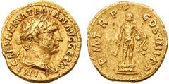 Trajan. Gold Aureus (7.31 g), AD 98-117. Rome. IMP CAES NERVA TRAIAN AVG GERM, laureate and draped bust of Trajan right. Reverse: P M TR P COS IIII P P, Hercules standing to facing atop altar, holding