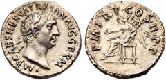 Trajan. Silver Denarius (3.18 g), AD 98-117. Rome, AD 98/9. IMP CAES NERVA TRAIAN AVG GERM, laureate head of Trajan right. Reverse: P M TR P COS II P P, Victory seated left, holding patera and palm br