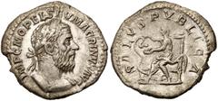 Roman Imperial Coinage Macrinus. Silver Denarius (2.05 g), AD 217-218. Rome. IMP C M OPEL SEV MACRINVS AVG, laureate and cuirassed bust of Macrinus right. Reverse: SALVS PVBLICA, Salus seated on high-