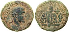Neapolis. Macrinus, 217-218 C. E. AE 27. Mesh 136 (this coin). Laureate, draped and cuirassed bust right of Macrinus. Reverse: Mount Gerizim with steep stairway ascending past shrines to top crowned b