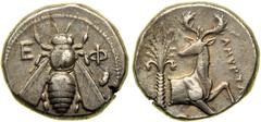 Ionia. Ephesos, c. 387-295 BC. AR Tetradrachm (15.23 g). Top view of bee, E - Ph flanking. Reverse: Forepart of stag right, head reverted, palm tree at left; at right, AMUNTO[R]. SNG Cop. 215 (but the