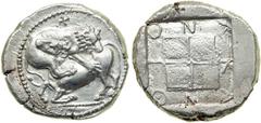 Macedon. Akanthos, c. 430-390 BC. AR tetradrachm (14.51g). Lion right, pouncing on bull kneeling to left; small retrograde swastika above. Reverse: Legend around quadripartite square which is raised a