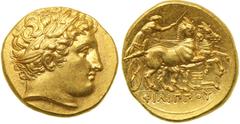 Macedonian Kingdom. Philip II, 359-336 B.C. Gold Stater (8.64 g), Abydos mint, struck c. 323-319 BC. Struck under Phili. Struck under Philip III. Laureate head of youthful Apollo right. Reverse: Chari
