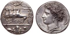 Sicily, Syracuse. Dionysios I. Silver Decadrachm, 405-367 BC. Ca. 405-400 BC. Reverse die signed by the master engraver Euainetos. Charioteer driving galloping quadriga left, holding kentron and reins