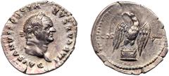 Vespasian. Silver Denarius (3.41 g), AD 69-79. Rome, AD 76. IMP CAESAR VESPASIANVS AVG, laureate head of Vespasian right. Reverse: COS VII, eagle standing facing on garlanded cippus, head left. RIC 84