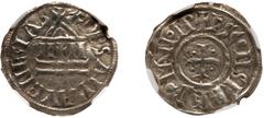 Italian States: Venice. Denaro, ND (822-840). CNI VII 5 var; Biaggi-2748. In the style of Louis the Pious. 1.15 g. Temple. Reverse; Cross pattee in quarters. Surface porosity. Very Rare. NGC graded Ex