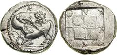 Macedonia. Akanthos, c. 430-390 BC. AR Tetradrachm (14.49 g). Lion, right, attacking bull kneeling to left; retrograde swastika above. Reverse: Ethnic around quadripartite square, the quarters raised 