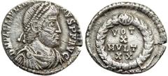 Rome. Julian II, the "Apostate," 360-363 AD. AR Siliqua, c. 361-363 AD. Laureate head right. Reverse: Imperial wreath, VOT / X / MVLT / XX, within. RIC 24; Sear II 3023. Good metal, pleasantly toned. 