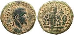 Ancient Coins City Coins of Israel: Samaria, Neapolis. Macrinus. Æ (13.80 g), AD 217-218. Laureate and cuirassed bust of Macrinus right. Reverse: Mount Gerizim with steep stairway ascending past shrin