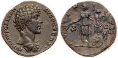 Ancient Coins Marcus Aurelius. Æ Sestertius (24.45 g), as Caesar, AD 138-161. Rome, under Antoninus Pius, AD 140-144. AVRELIVS CAESAR AVG PII F COS, Bare-headed bust of Marcus Aurelius right, wearing 