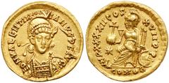 Ancient Coins Valentinian III. Gold Solidus (3.40 g), AD 425-455. Constantinople, AD 441-450. D N VALENTIN-IANVS P F AVG, diademed, helmeted and cuirassed bust of Thedosius II facing slightly right, h