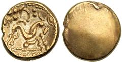 Celtic Britain (Imported Coinage). Ambiani. Gold Stater (6.17g), c. 50 BC. Blank obverse. Reverse Disjointed curved horse right, pellet below. VA 50-51; S. 11. Extremely Fine. Estimated Value $750 - 9