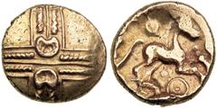 Celtic Britain. Trinovantes. Gold Stater (5.60g), c. 40-37 BC. Crossed wreaths. Reverse Celticized horse right; below, wheel. VA 1605-1; S. 11. Very Fine to Extremely Fine. Estimated Value $700 - 900.