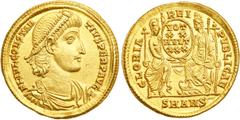 Constantius II, 337-361 AD. Gold Solidus (4.47g) minted at Antioch, 347-350 AD. Diademed, cuirassed and draped bust right of Constantius II. Reverse Roma and Constantinopolis supporting round shield. 