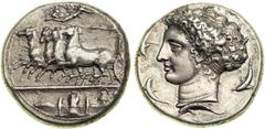 Sicily, Syracuse, c. 404-400 B.C. AR Decadrachm (43.25 g). Signed by Kimon, once on the obverse, and twice on the reverse. Charioteer, in long chiton, and holding goad and reins, in racing chariot to 