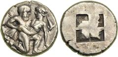 Thrace. Island of Thasos, c. 435-410 BC. AR Stater (8.78 g). Nude satyr to right, in archaic kneeling-running position, holding draped, protesting nymph; dolphin at right. Reverse: Quadripartite incus