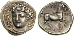 Thessaly. Larissa, c. 350-325 BC. AR Didrachm (12.16 g). Head of the nymph Larissa, facing and turned slightly to left, wearing necklace, with hair partially bound in ampyx. Reverse: Bridled horse wal