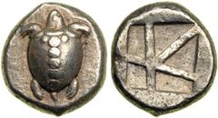 Aegina. Aegina, c. 480-457 BC. AR Stater (12.51 g). Top view of T-back sea turtle. Reverse: Large skew pattern incuse with five segments. Milbank pl I, 15; Dewing 1674; SNG Cop. 507; SNG Delepierre 15
