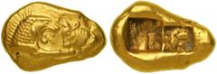 Lydia, Kings of. Croesus, 561-546 BC. Gold Stater (8.05 g), Sardis mint, c. 550-546 BC. Light Stater Series. Foreparts of confronted lion, at left, and bull, at right. Reverse: Two incuse squares of u