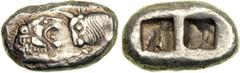 Lydia, Kings of. Time of Darios I, c. 520/15-500/490 BC. AR Half Stater, or Siglos (5.40 g), Sardis mint. Croesid type. Foreparts of confronted lion, at left, and bull, at right. Reverse: Two incuse s