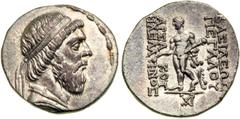 Parthian Kingdom. Mithradates I, c. 171-138 BC. AR Tetradrachm (15.38 g), Seleucia-on-the-Tigris mint. Diademed and draped bearded bust right; reel and spool border around. Reverse: Naked Herakles sta