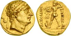 Bactria. Diodotos I, c. 255-235 BC. Gold Stater (8.28 g). Issued in the name of Antiochos II of Syria. Mint A (near Aï Khanoum). Diademed head of Diodotos right. Reverse: Zeus Bremetes advancing right