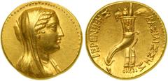 Ptolemaic Kingdom. Berenike II, wife of Ptolemy III, Euergetes, 247-221 BC. Gold Octodrachm (27.79 g), Alexandria mint. Struck under Ptolemy III, 246-221 BC. Veiled and draped bust of Berenike right, 
