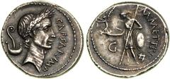 Imperatorial Rome. Julius Caesar, d. 44 BC. AR (Silver) Denarius (4.09 g), Rome mint, struck January-February 44 BC. Laureate head of Caesar right, simpulum and lituus behind; CAESAR.IMP. Reverse: Ven
