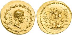 Imperatorial Rome. Marcus Junius Brutus, d. 42 BC. Gold Aureus (8.07 g), traveling mint in Macedonia or Western Asia Minor, struck summer/autumn 42 BC. With moneyer, P. Servilius Casca Longus. Bare he