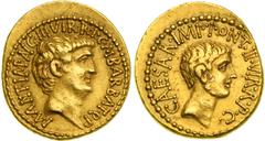 Imperatorial Rome. Marc Antony & Octavian. Gold Aureus (8.05 g), Ephesus(?) mint, struck 41 BC. M. Barbatius Pollio, moneyer. Bare head of Marc Antony right; M ANT. IMP AVG III VIR. R. PC. M. BARBAT Q