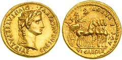 Rome. Augustus, 27 BC - 14 AD. Gold Aureus (7.76 g), Lugdunum (Lyon), struck 13-14 AD. Laureate head of Augustus right. Reverse. Tiberius standing right in triumphal slow quadriga right, holding wreat