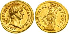 Rome. Trajan, 98-117 AD. Gold Aureus (7.78 g), Rome, struck 99 AD. Laureate head of Trajan right. Reverse: Fortuna standing left, holding rudder with her right hand and cornucopiae with her left, at h