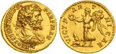 Rome. Septimius Severus, 193-111 AD. Gold Aureus (7.23 g), Rome mint, struck 198 AD. Laureate, draped, and cuirassed bust of Severus right. Reverse: Victory walks left, holding out a wreath, and carry