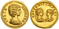 Rome. Julia Domna, Wife of Septimius Severus, 193-217 AD. Gold Aureus (7.17 g), Rome, struck 201 AD. Draped bust of Julia Domna to right. Reverse: On the left, laureate, draped and cuirassed bust of y