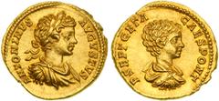 Rome. Caracalla, 198-217 AD. Gold Aureus (7.25 g), Rome mint, struck 199-200 AD. Youthful laureate, draped, and cuirassed bust right. Reverse: Bare head bust of young Geta right, draped and cuirassed,