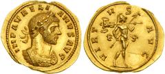 Rome. Aurelian, 270-275AD. Gold Aureus (4.00 g), Siscia, struck 272-273 AD. Laureate, cuirassed bust of Aurelian right. Reverse: Mars, nude but for helmet and cloak, walks right, holding trophy over h