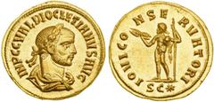 Rome. Diocletian, 284-305 AD. Gold Aureus (5.33 g), Cyzicus mint, struck c. 285-286 AD. Draped and laureate bust of Diocletian right. Reverse: Jupiter stands frontal with head left, nude but for cloak
