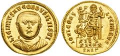 Rome. Licinius I, 308-324 AD. Gold Solidus (5.31 g), Nicomedia mint, struck 321-322 AD. Facing draped and cuirassed bust of bearded Licinius. Reverse: On high dais, Jupiter enthroned facing, holding s