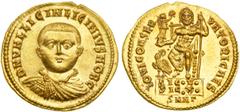 Rome. Licinius II, as Caesar, 317-324 AD. Gold Solidus (5.30 g), Nicomedia mint, struck 321-322 AD. Facing draped and cuirassed bust of bearded Licinius Junior. Reverse: On high dais, Jupiter enthrone
