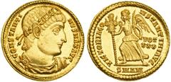 Rome. Constantine I, the Great, 307-337 AD. Gold Solidus (4.47 g), Antioch mint, struck 335-336 AD. Diademed, draped, and cuirassed bust of Constantine right. Reverse: Victory walking left, holding po