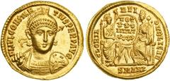 Rome. Constantius II, 337-361. Gold Solidus (4.44 g), Antioch mint, struck 355-361 AD. Diademed, helmeted and cuirassed bust of Constantius II facing, holding spear with his right hand and with shield