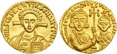 Byzantine Empire. Justinian II, Second Reign, 705-711 AD. Gold Solidus (4.43 g), Constantinople mint. Facing bust of Christ, nimbate, holding Gospels. Reverse: Facing crowned busts of Justinian and so