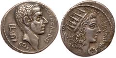 Ancient Coins C. Coelius Caldus. Silver Denarius (3.82 g), 53 BC. Rome. C COEL CALDVS, COS below, head of the consul C. Coelius Caldus right; behind, tablet inscribed L D. Reverse: CALDVS III VIR, rad