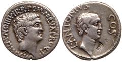 Ancient Coins Mark Antony & Lucius Antony. Silver Denarius (3.93 g), 41 BC. Ephesus. M. Cocceius Nerva, proquaestor. M ANT I(MP) (AV)G III VIR R P C M (NE)RVA PROQ P, bare head of Mark Antony right. V