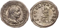 Ancient Coins Gordian I Africanus. Silver Denarius (2.91 g), AD 238. Rome. IMP M ANT GORDIANVS AFR AVG, laureate, draped and cuirassed bust of Gordian I right. Reverse: SECVRITAS AVGG, Securitas seate