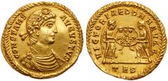 Ancient Coins Constans. Gold Solidus (4.39 g), AD 337-350. Thessalonica, AD 340-350. CONSTANS AVGVSTVS, diademed, draped and cuirassed bust of Constans right. Reverse: VICTORIAE DD NN AVGG, Two Victor