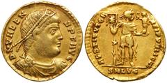 Ancient Coins Valens. Gold Solidus (4.36 g), AD 364-378. Lugdunum, AD 365. D N VALEN-S P F AVG, diademed, draped and cuirassed bust of Valens right. Reverse: RESTITVTOR REIPVBLICAE, Emperor standing f